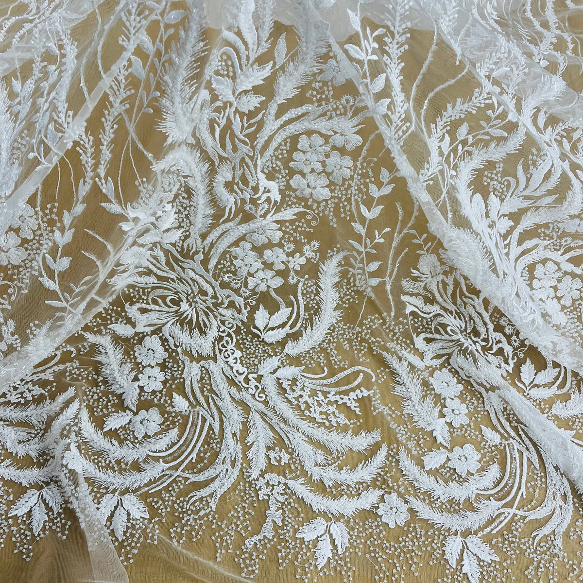 1 Yard Beaded Lace Fabric Embroidered on 100% Polyester Net Mesh 56" Wide