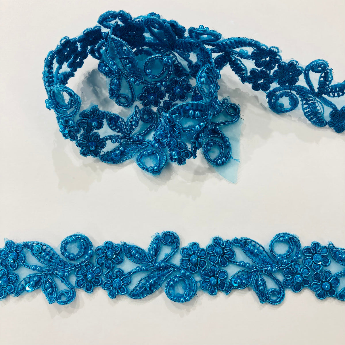 1 Yard Beaded & Corded Lace Trimming Embroidered on 100% Polyester Organza 1.5" Wide