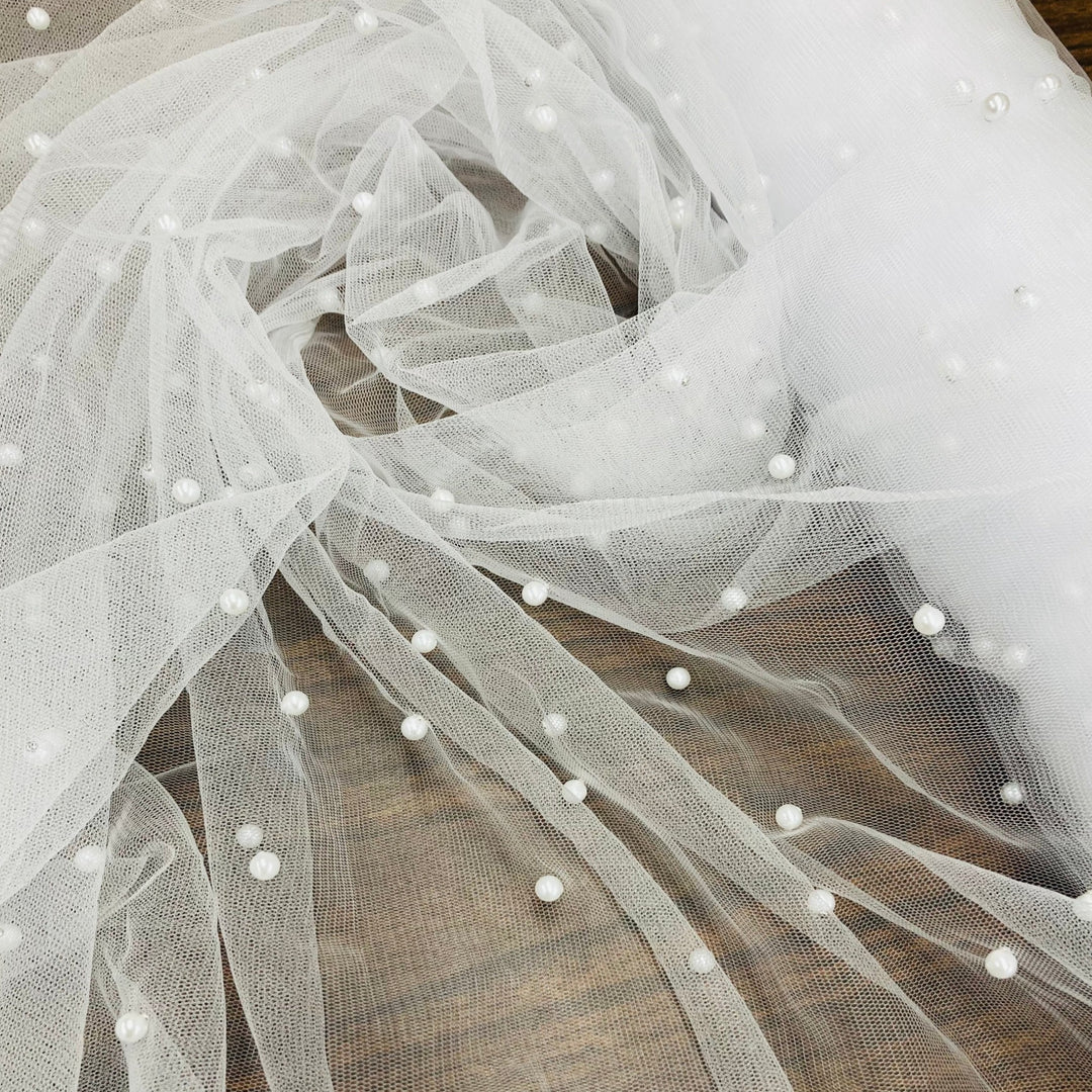 1 Yard 2 Way Stretch Net Mesh Fabric with Scattered Pearls | 60" Wide | Soft Tulle for Gowns, Veils, and Special Occasion Wear