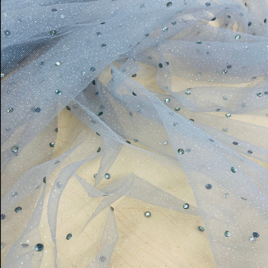 1 Yard High-Quality Glitter Mesh Fabric with Scattered Rhinestones 60" Wide