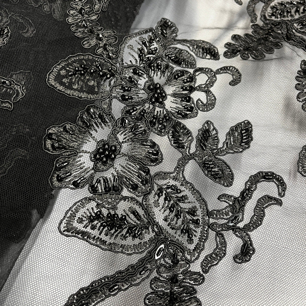 1 Yard 50" Wide Beaded & Corded Lace Fabric Embroidered on 100% Polyester Net Mesh