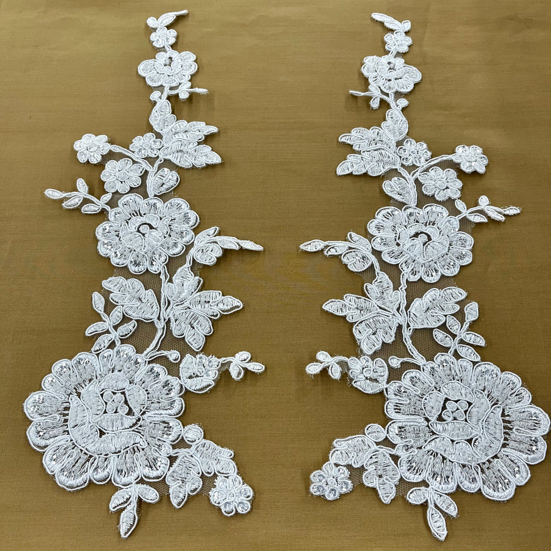 1 Pair 13" x 3.5" Beaded & Corded Floral Lace 100% Polyester Net Mesh