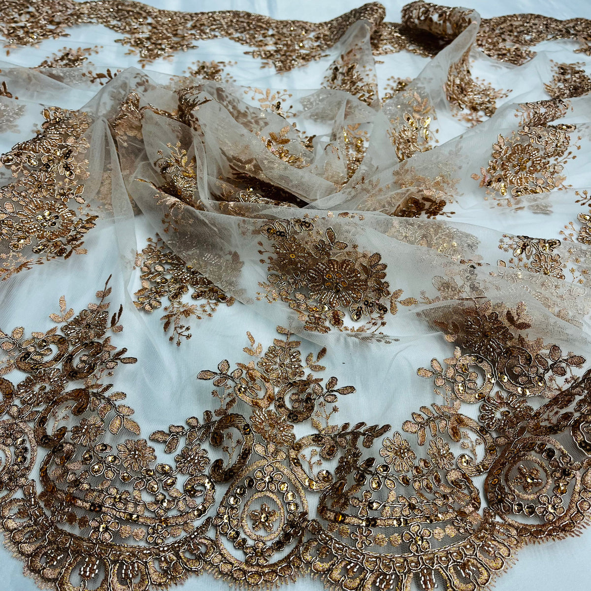 1 Yard Beaded & Corded Lace Fabric on 100% Polyester Net Mesh, Elegant Embroidered Lace Material
