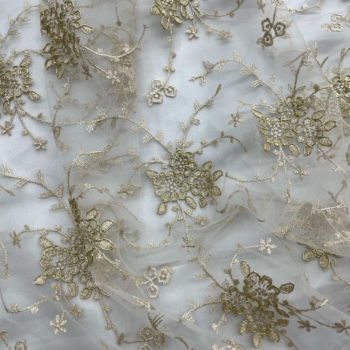 1 Yard Elegant Corded Bridal Lace Fabric on 100% Polyester Mesh, Embroidered Floral Design