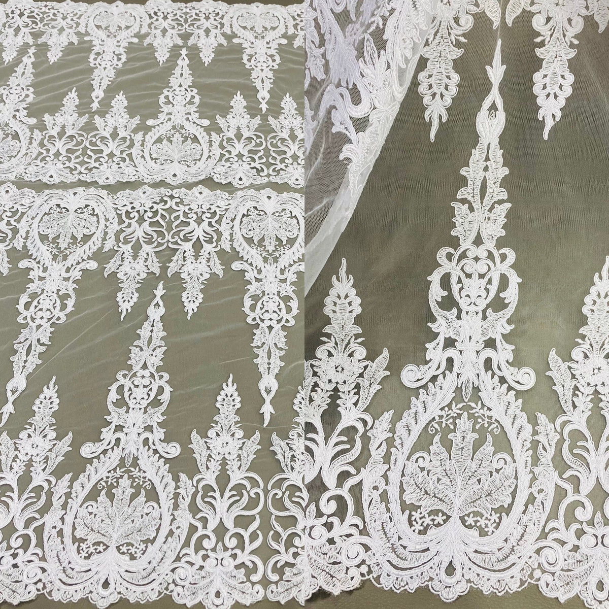 1 Yard Corded Bridal Lace Fabric Embroidered on 100% Polyester Net Mesh 52" Wide