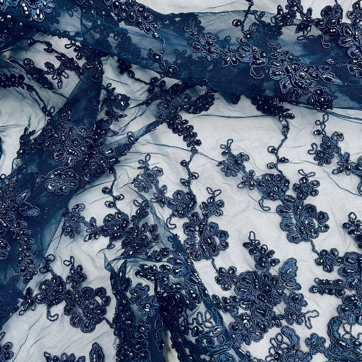 1 Yard Beaded & Corded Lace Fabric Embroidered on 100% Polyester Net Mesh 54" Wide