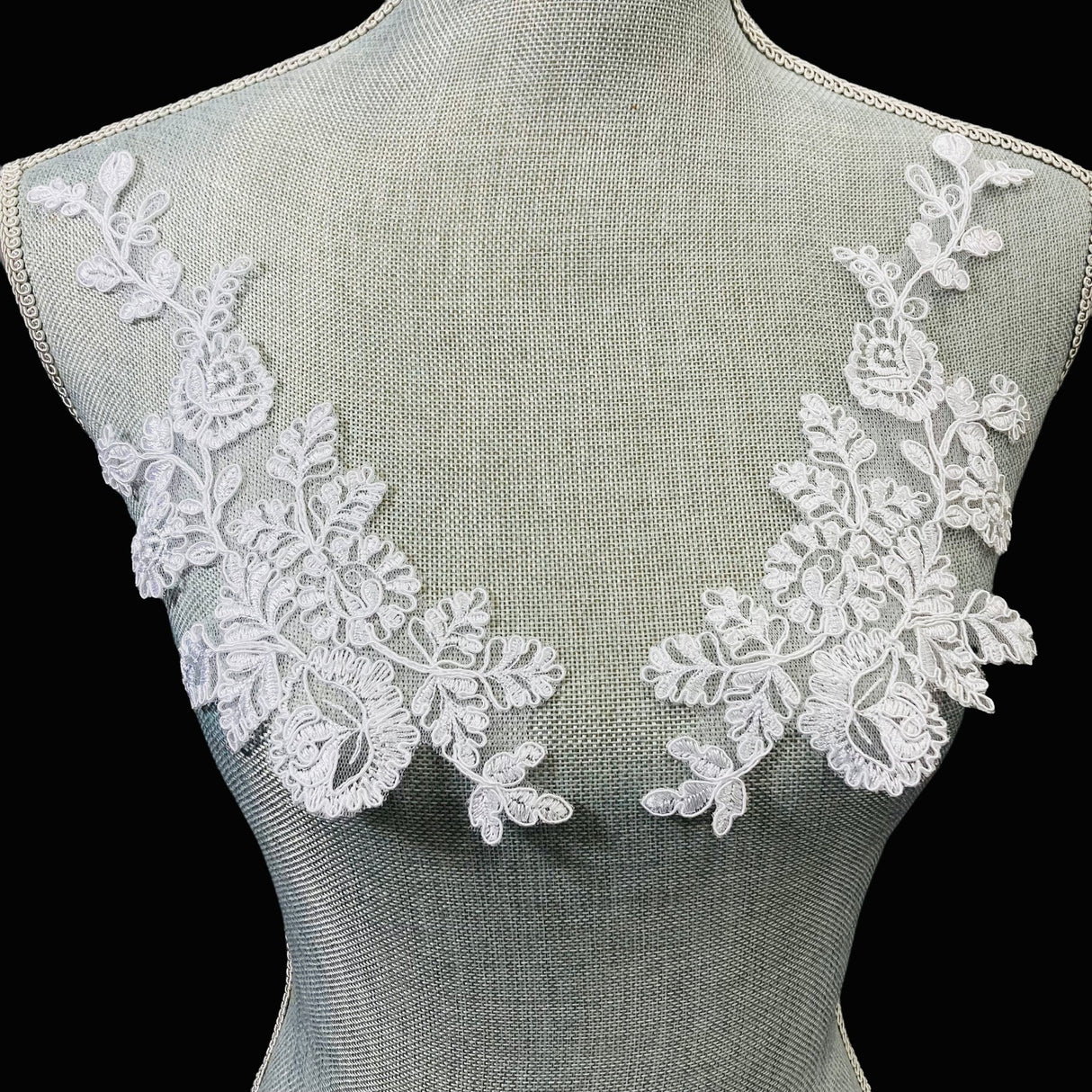 1 Pair Corded Floral Applique for Baptism, Christening, Communion Gowns 9" x 3" Each Side