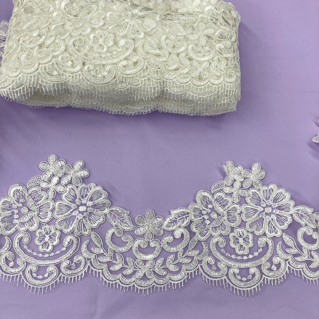 1 Yard Corded Embroidered Lace Trim 6" Wide 100% Polyester Net Mesh for Bridal & Special Occasion
