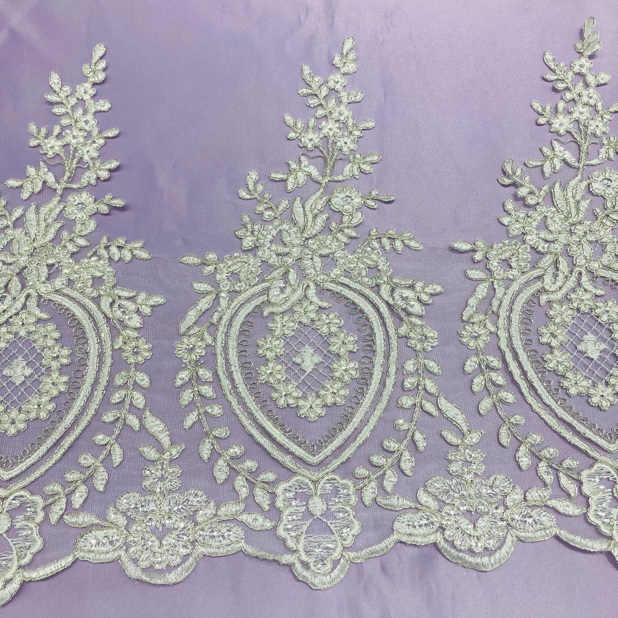 1 Yard Beaded & Corded Lace Trimming 13″ Wide Embroidered on 100% Polyester Net Mesh