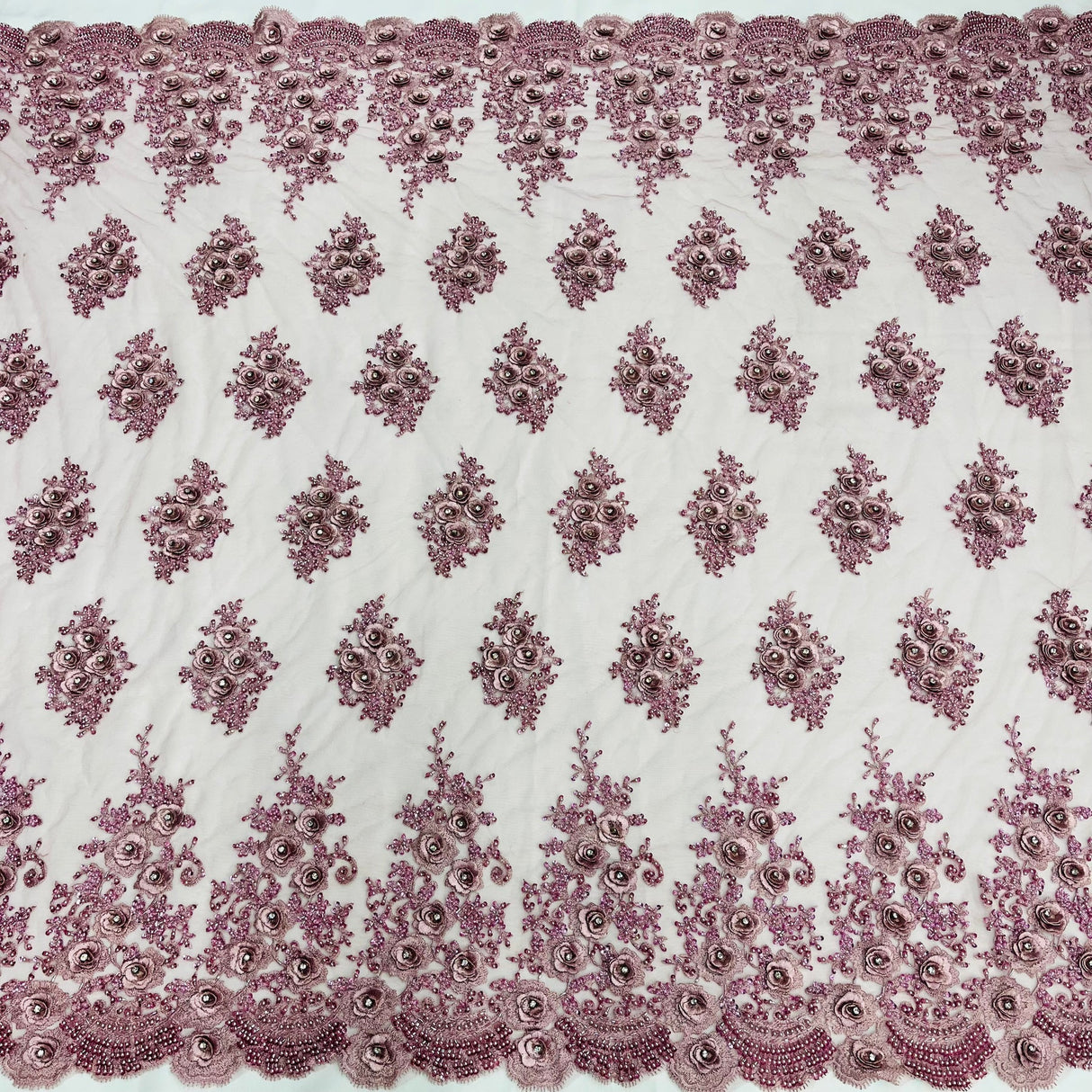 1 Yard Beaded & Rhinestone 3D Floral Embroidered Lace Fabric, Black Polyester Mesh, 54” Wide,