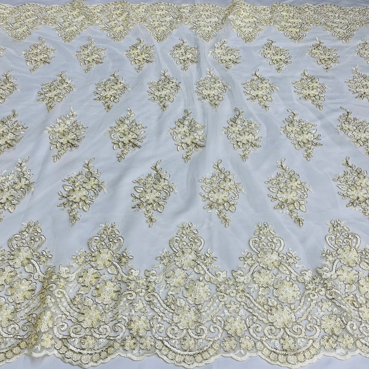 1 Yard Dusty Rose Beaded Corded Lace Fabric with Scallops Embroidered on 100% Poly Metallic 54 Inch Wide