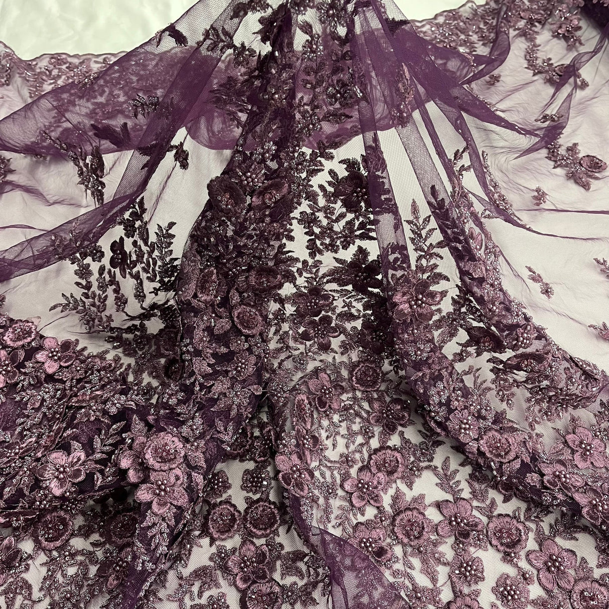 1 Yard Beaded 3D Floral Lace Fabric Embroidered on Polyester Net Mesh, Plum, 54" Width, Elegant Fabric for Dresses & Crafts