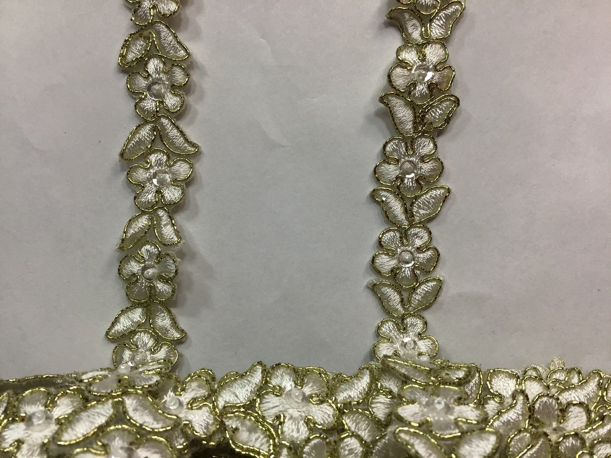 1 Yard Beaded & Corded Lace Trimming on Organza | 3/4" Wide | Decorative Couture Trim for Bridal, Quinceañera & Formalwear