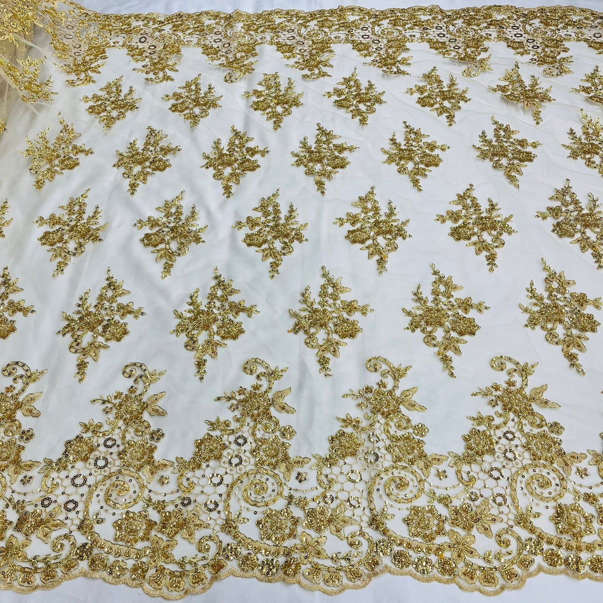 1 Yard Royal Blue Corded Lace Fabric with Hand-Embroidered Beading on Mesh 53 inch Width