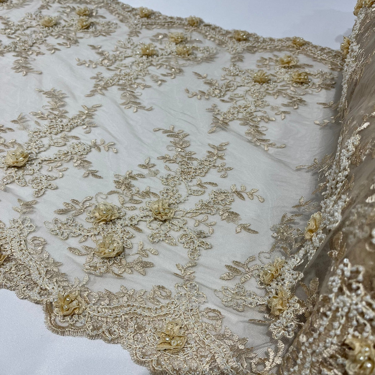 1 Yard 100% Polyester Net Mesh 21" Wide Beaded Double Sided 3D Floral Lace Trimming