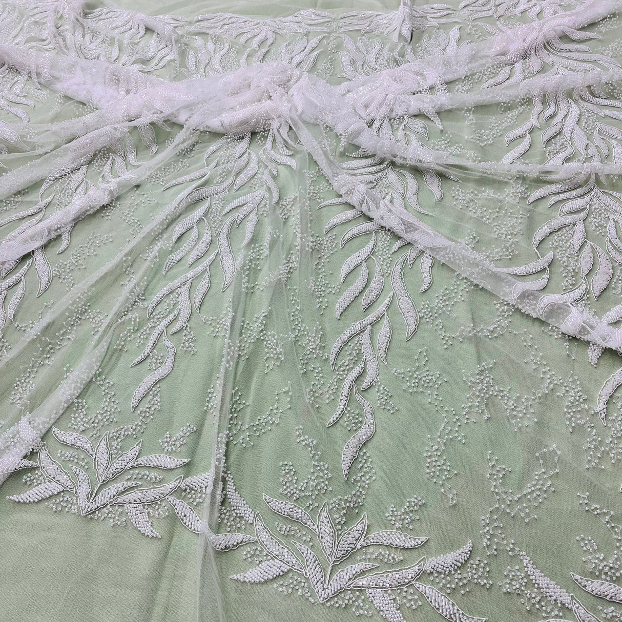 1 Yard Beaded & Corded Bridal Lace Fabric, 58" Wide Embroidered Polyester Net Mesh for Wedding, Evening & Quinceañera Dresses