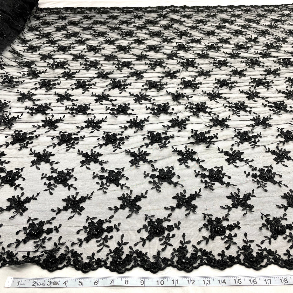 1 Yard Black Beaded & Corded Bridal Lace Fabric Embroidered on Polyester Net Mesh 52 Inch Width