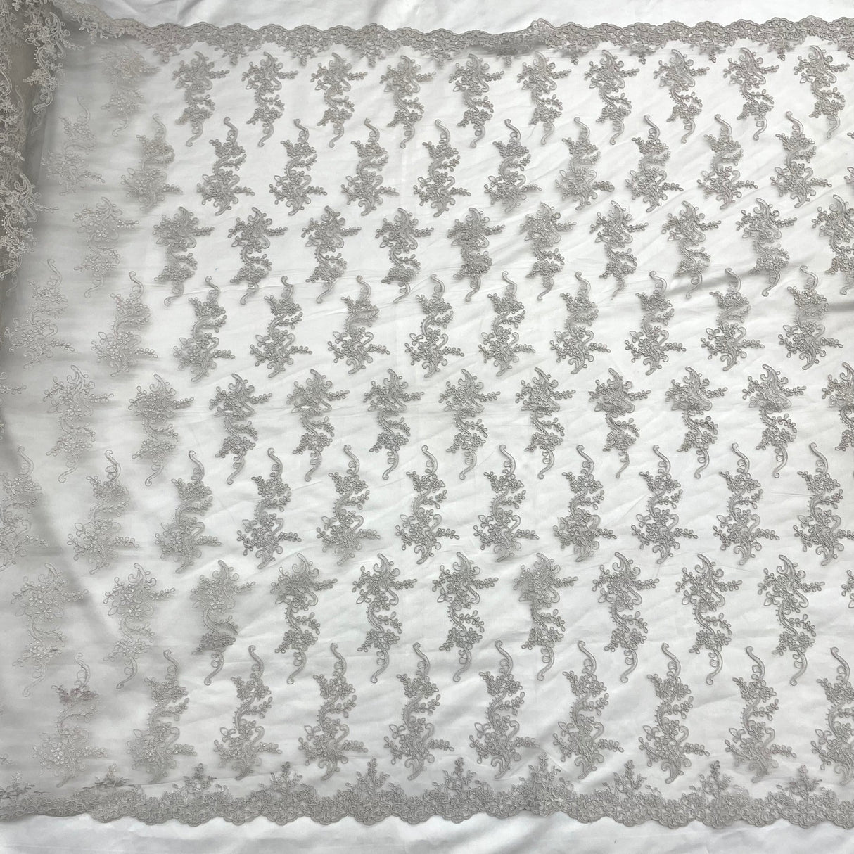 1 Yard Ivory with Silver Corded Bridal Lace Fabric Embroidered Polyester Net Mesh 54 Inch Width