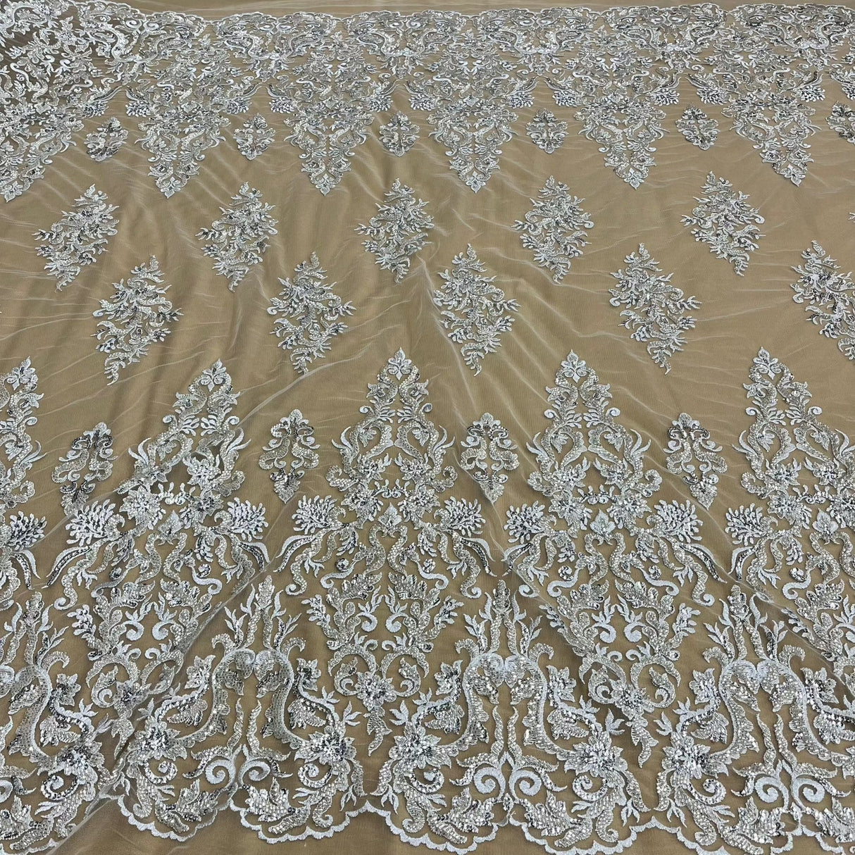 1 Yard Luxurious Beaded & Sequined Lace Fabric Embroidered on Polyester Net Mesh Perfect for Bridal & Evening Couture 52" Wide