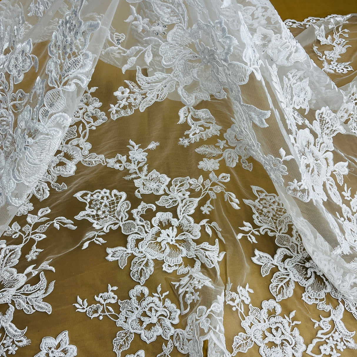 1 Yard Opulent Beaded & Corded Bridal Lace Fabric Embroidered on Polyester Net Mesh Perfect for Wedding & Evening Couture 53" Wide