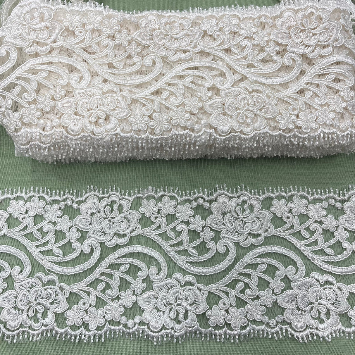 1 Yard 4″ Wide Corded Double Sided Lace Trimming on 100% Polyester Net Mesh