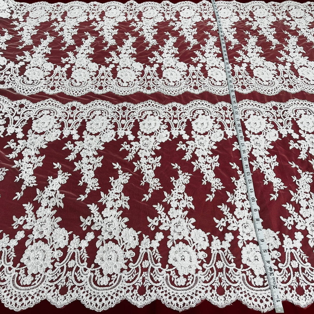 1 Yard Ivory with Silver Corded Bridal Lace Fabric Embroidered on Polyester Net Mesh 50 inch Width