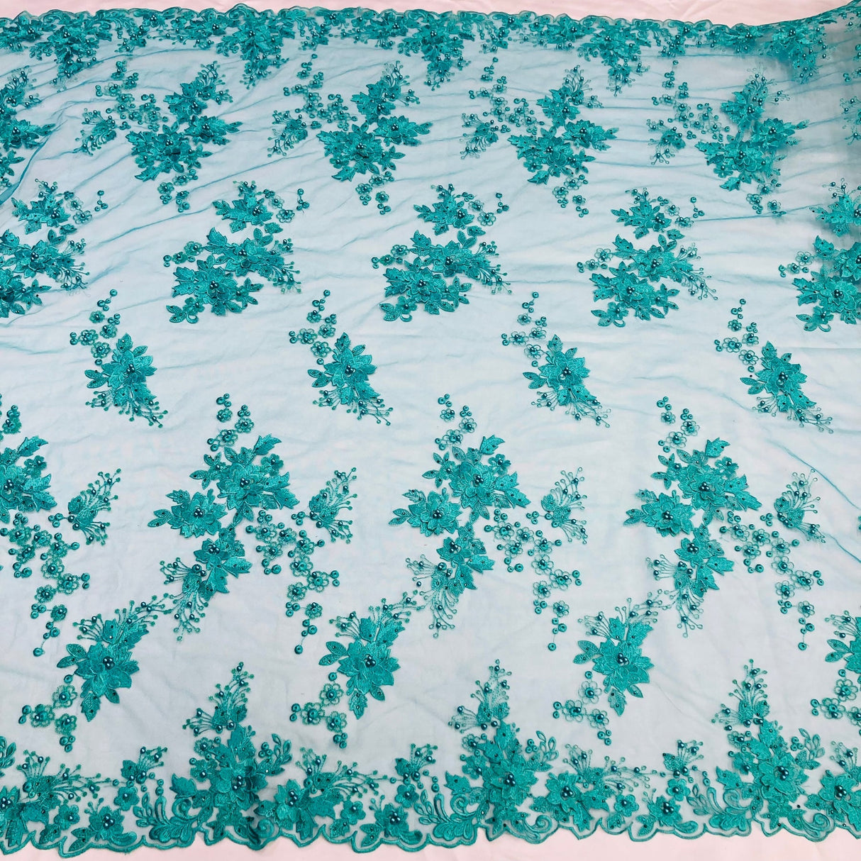 1 Yard Beaded Rhinestone 3D Floral Lace Fabric Embroidered Mesh Gown 52" Width