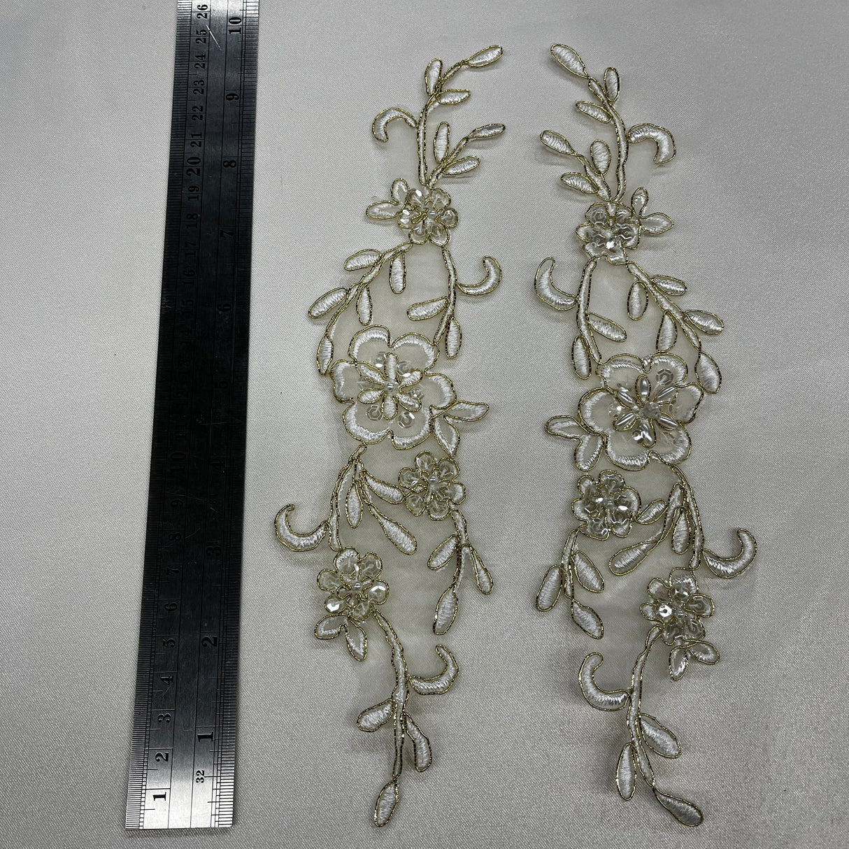 1 Pair Beaded & Corded Lace Applique Embroidered on 100% Polyester Organza 10" x 2" Each Side