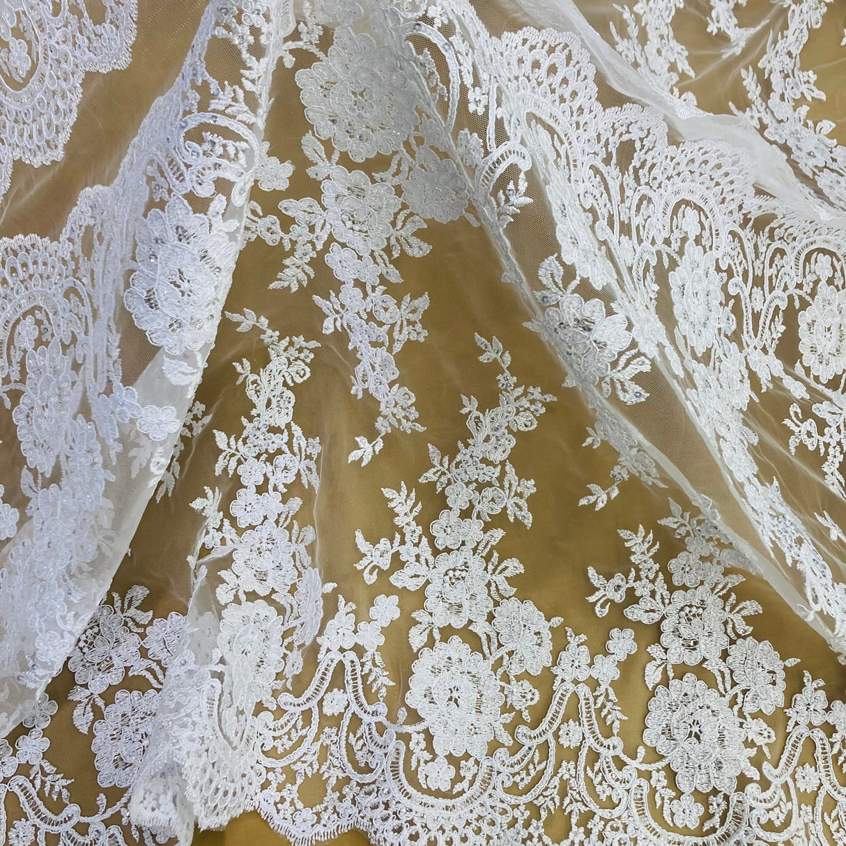 1 Yard Luxurious Gold Hand-Beaded Corded Bridal Lace Fabric on Net Mesh 48 inch Width