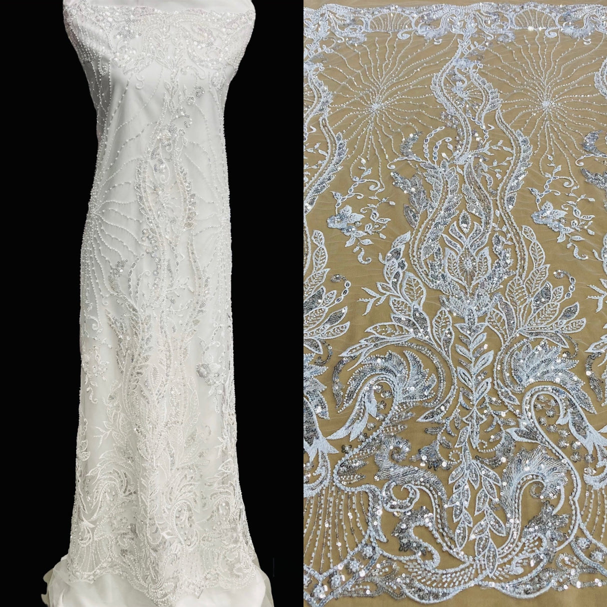 1 Yard Beaded Lace Fabric, 51" Wide Embroidered Polyester Net Mesh for Bridal, Evening & Quinceañera Dresses