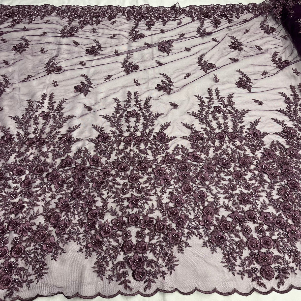 1 Yard Beaded 3D Floral Lace Fabric Embroidered on Polyester Net Mesh, Plum, 54" Width, Elegant Fabric for Dresses & Crafts