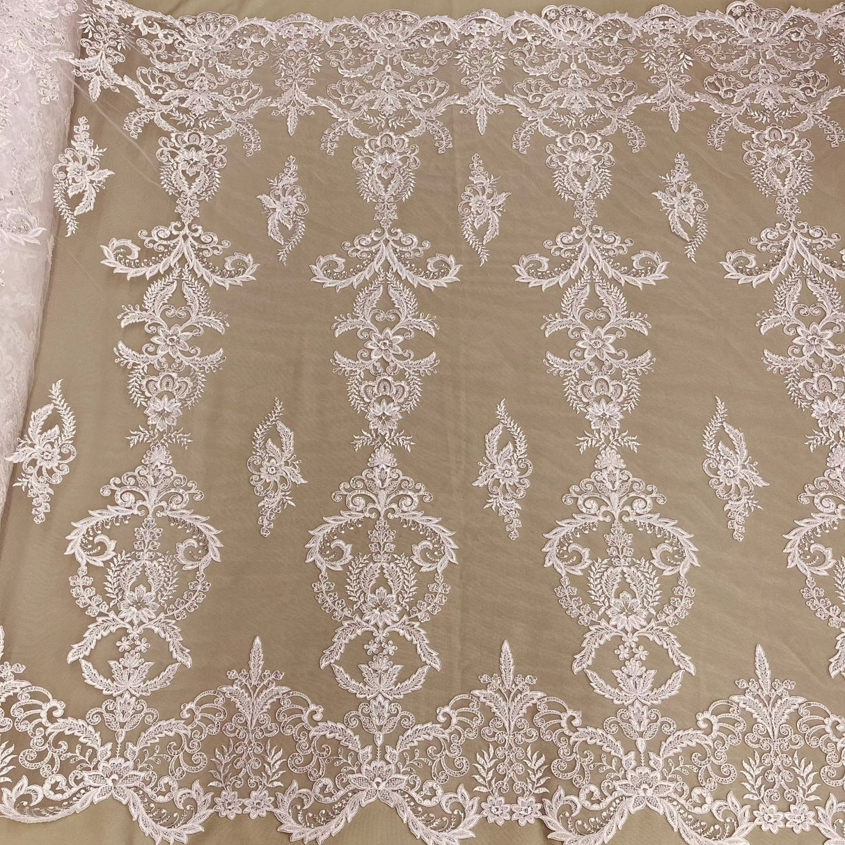 1 Yard Beaded & Corded Bridal Lace Fabric, Embroidered Mesh Net, 51” Wide, Polyester,