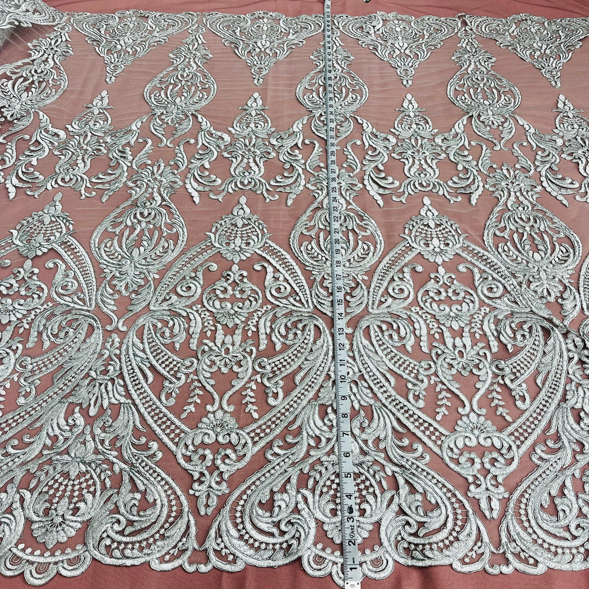 1 Yard Corded Bridal Lace Fabric, Embroidered on Polyester Net Mesh, 52" Width,Elegant Fabrication for Gowns & Decor