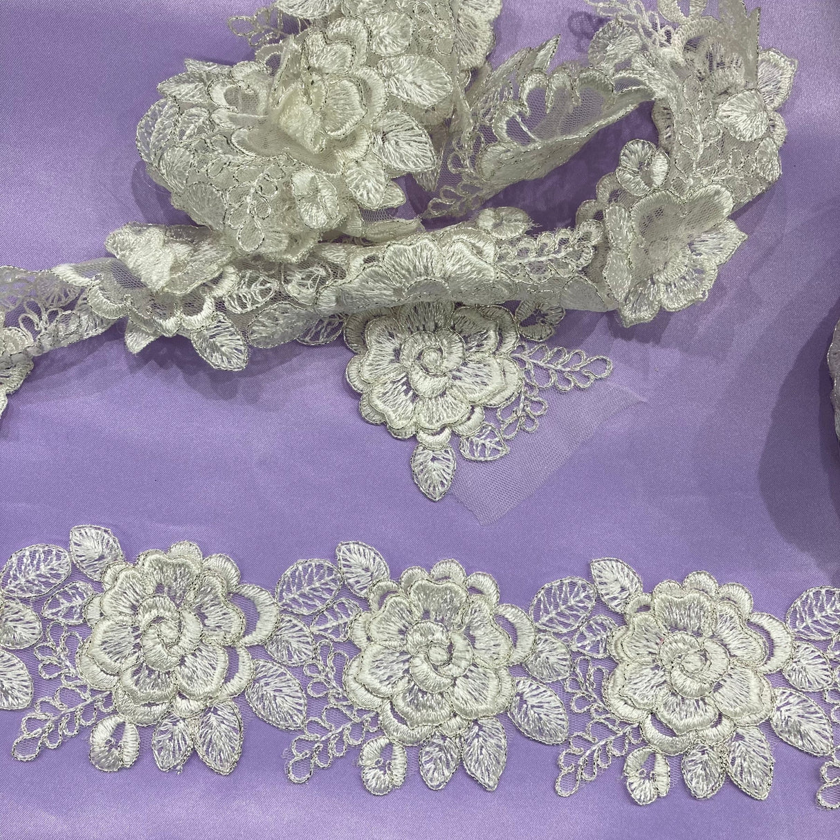 1 Yard 3D Floral Embroidered Lace Trim 3" Wide 100% Polyester Net Mesh for Bridal & Special Occasion