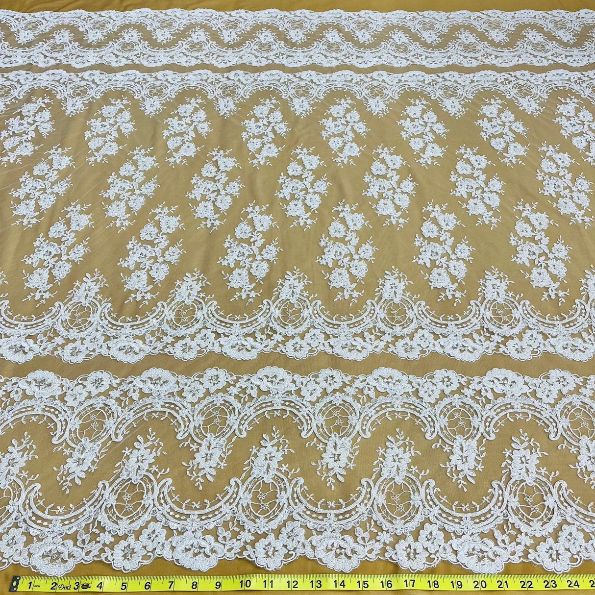 1 Yard White Beaded & Corded Bridal Lace Fabric, 51" Wide Embroidered Polyester Mesh