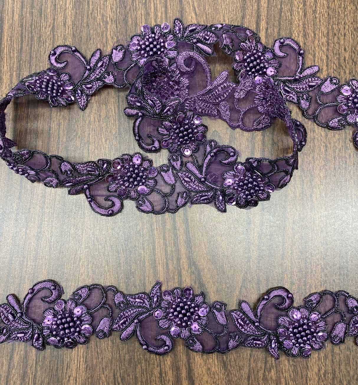 1 Yard Handmade Beaded & Corded Lace Trimming Embroidered on Polyester Organza 2 Inch Width