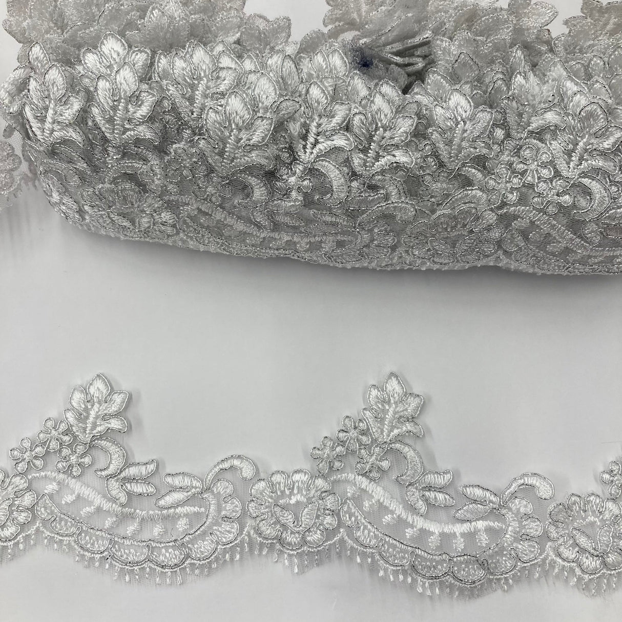 1 Yard Corded Lace Trimming on Net Mesh – 3" Wide | Handmade Embroidered Trim for Dresses & Gowns