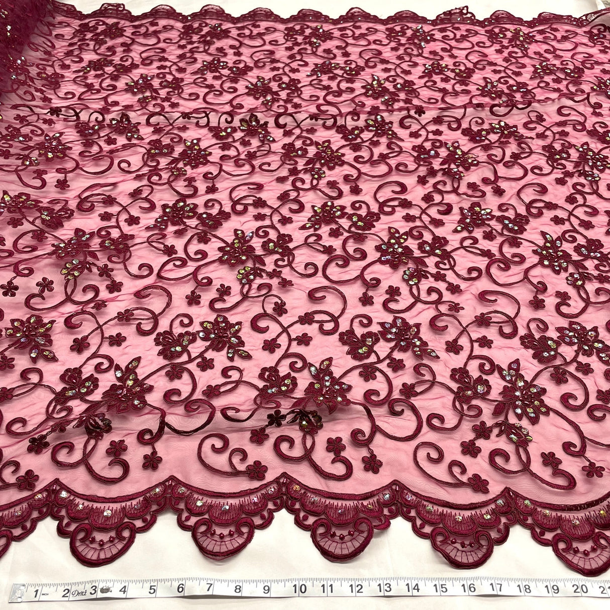 1 Yard Wine Beaded & Corded Bridal Lace Fabric Embroidered on Polyester Organza 54 Inch Width