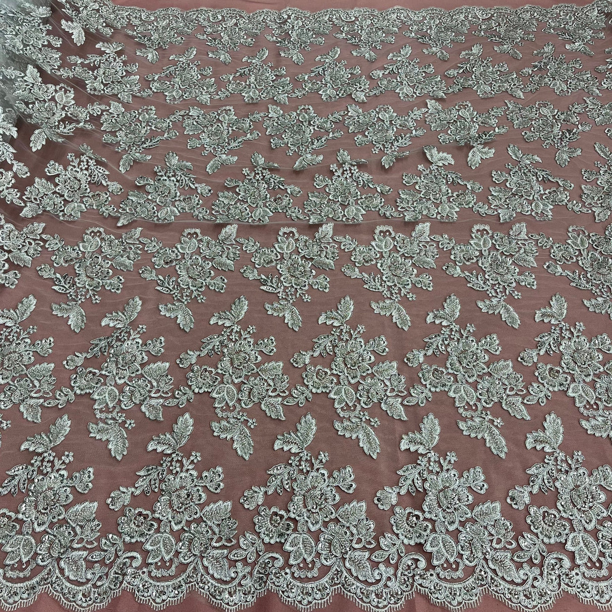 1 Yard Beaded & Corded Embroidered Bridal Lace Fabric, 100% Polyester Net Mesh, 52-54 inch Wide,