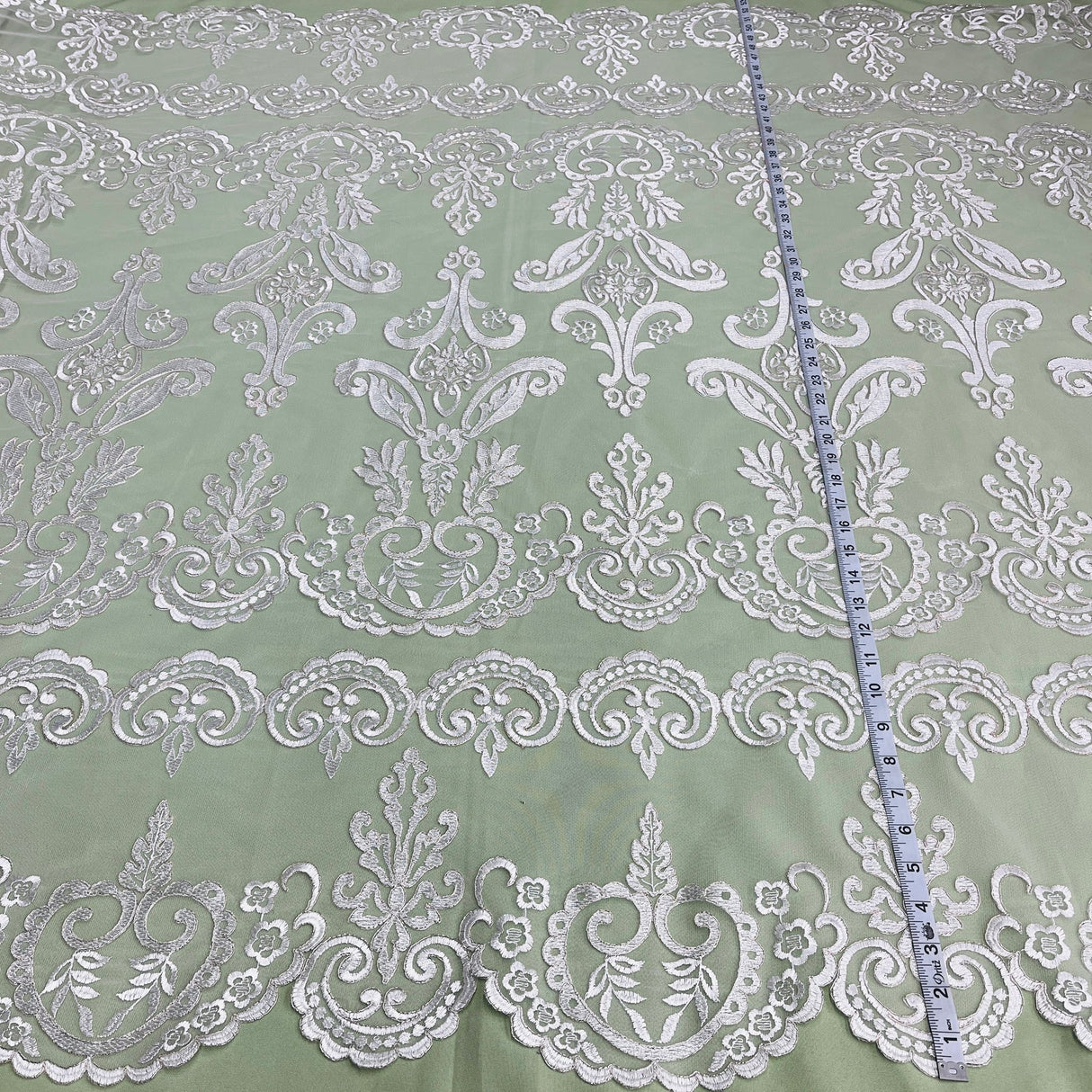 1 Yard Ivory with Silver Corded Bridal Lace Fabric Embroidered on Polyester Net Mesh 51 inch Width