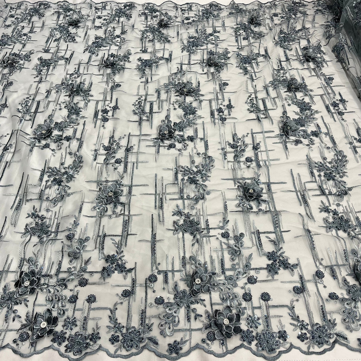 1 Yard Beaded Rhinestone 3D Floral Lace Fabric for Wedding Gowns and Dance Costumes 50" Width