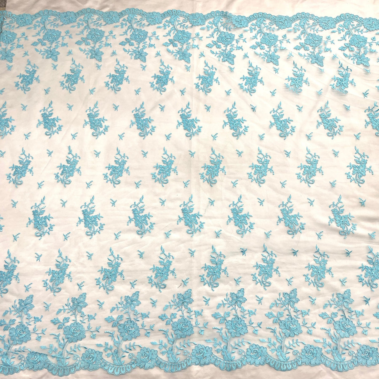 1 Yard Turquoise Corded Bridal Lace Fabric Embroidered Polyester Net Mesh 54 Inch Width