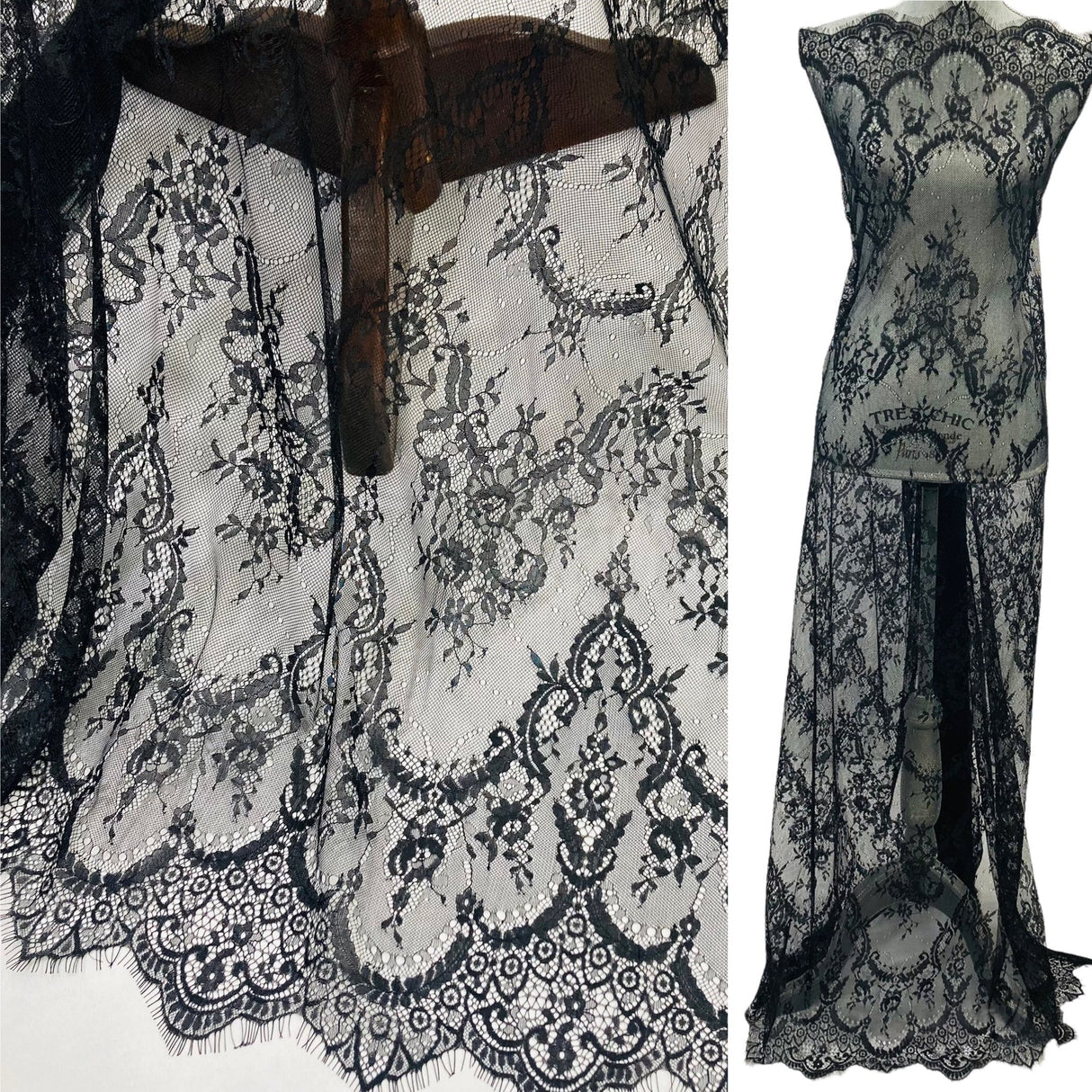 3 Yards Chantilly Embroidered Lace with Eyelash Scallop 52″ Wide Romantic Polyester Fabric for Dresses & Gowns