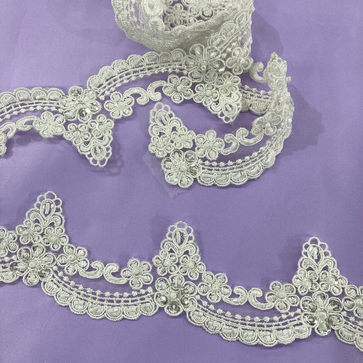 1 Yard Beaded & Corded Embroidered Lace Trim 2.5" Wide 100% Polyester Net Mesh for Bridal & Special Occasion