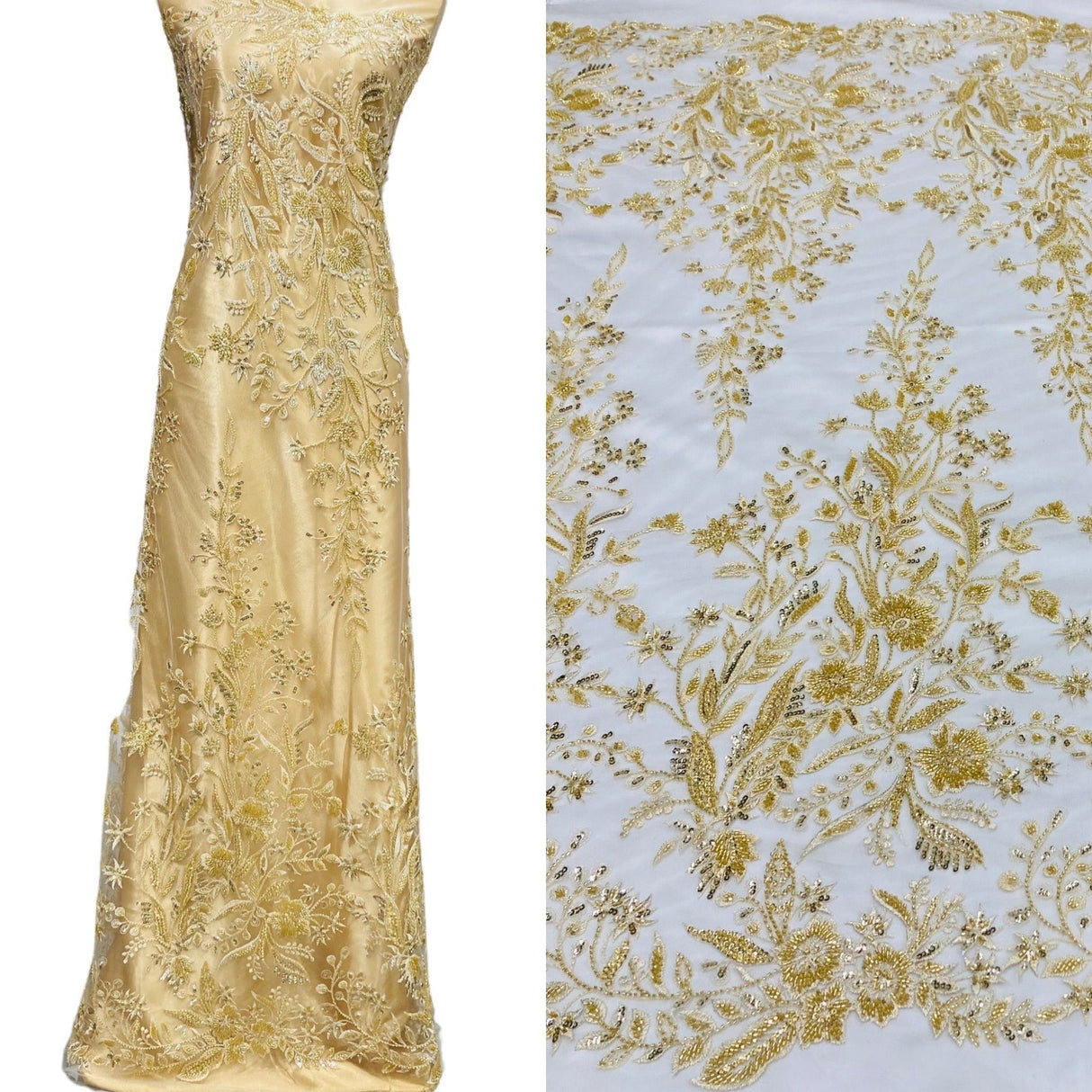 1 Yard Beaded Lace Fabric Elegant Hand-Embroidered Design with Pearls & Sequins on Polyester Net Mesh 52" Wide