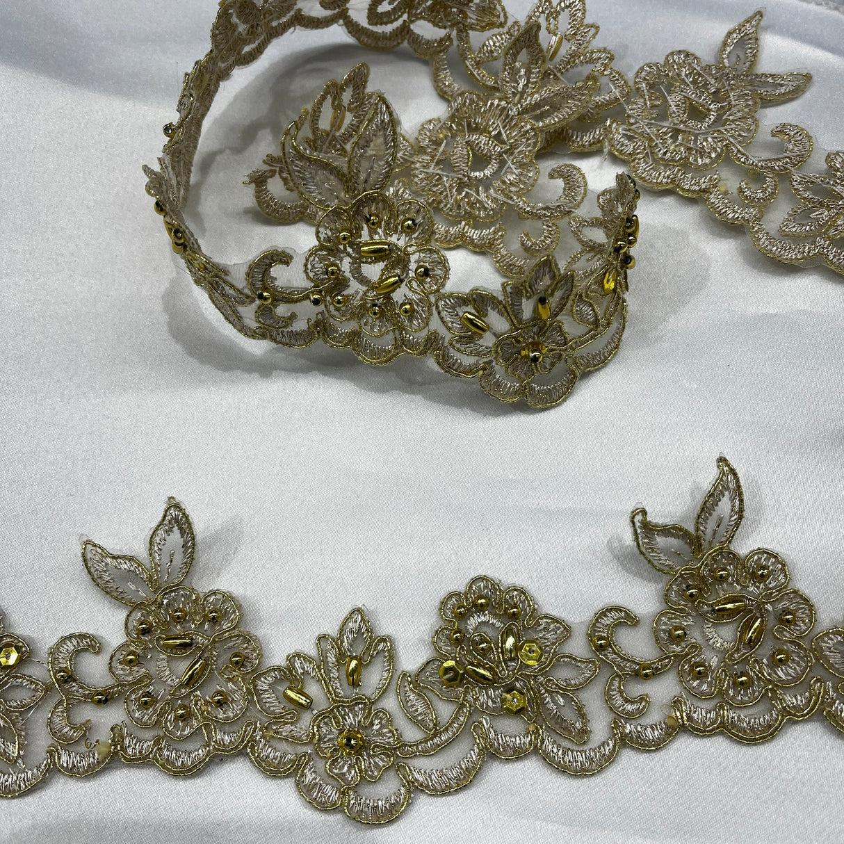 1 Yard Beaded & Corded Lace Trimming on Organza – 2" Wide | Embroidered Trim for Dresses & Costumes