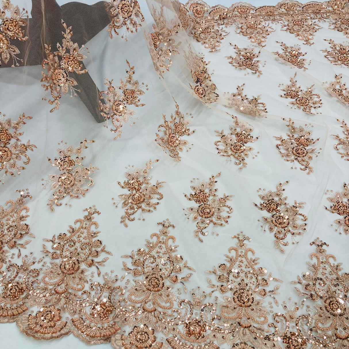 1 Yard Gold Beaded Lace Fabric Embroidered on Polyester Net Mesh 50 inch Width