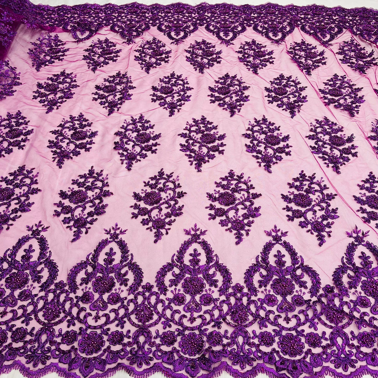 1 Yard Exquisite Royal Blue Corded Beaded Bridal Lace Fabric 53 inch Width