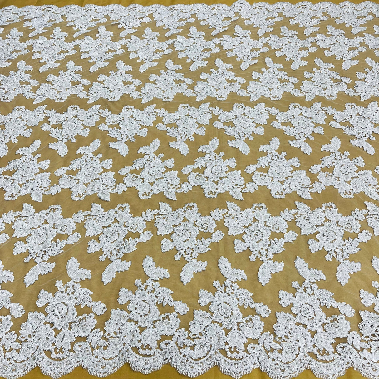 1 Yard Beaded & Corded Embroidered Bridal Lace Fabric, 100% Polyester Net Mesh, 52-54 inch Wide,