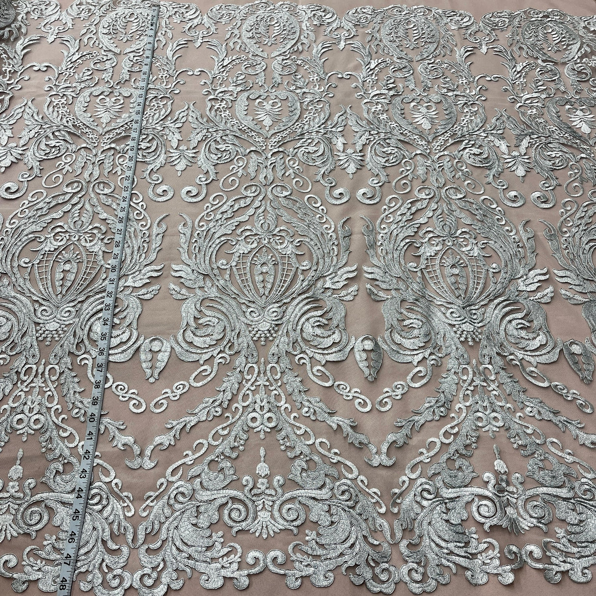 1 Yard White Corded Bridal Lace Fabric, 48” Wide Embroidered Polyester Mesh
